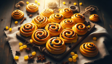 Праздничная композиция из шведских шафрановых булочек (lussekatter), сформированных в традиционные S-образные завитки и украшенных изюмом, на деревянной доске (изображение, созданное с помощью искусственного интеллекта) - yuyu