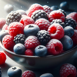 Яркий и красочный крупный план миски с ягодами: черникой, малиной и ежевикой, слегка посыпанными сахарной пудрой. Изображение создано с помощью искусственного интеллекта - yuyu
