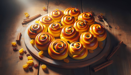 Праздничная композиция из шведских шафрановых булочек (lussekatter), сформированных в традиционные S-образные завитки и украшенных изюмом, на деревянной доске (изображение, созданное с помощью искусственного интеллекта) - yuyu