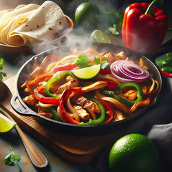 Крупный план шипящей сковороды с фахитас, на которой лежат полоски курицы, болгарский перец, лук и теплые лепешки, а также эффектно поднимающийся пар. Изображение, созданное с помощью искусственного интеллекта - yuyu