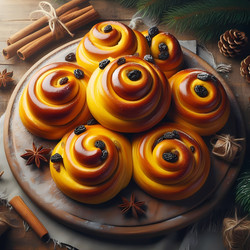 Праздничная композиция из шведских шафрановых булочек (lussekatter), сформированных в традиционные S-образные завитки и украшенных изюмом, на деревянной доске (изображение, созданное с помощью искусственного интеллекта) - yuyu
