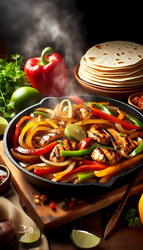 Крупный план шипящей сковороды с фахитас, на которой лежат полоски курицы, болгарский перец, лук и теплые лепешки, а также эффектно поднимающийся пар. Изображение, созданное с помощью искусственного интеллекта - yuyu
