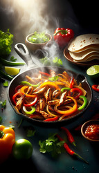 Крупный план шипящей сковороды с фахитас, на которой лежат полоски курицы, болгарский перец, лук и теплые лепешки, а также эффектно поднимающийся пар. Изображение, созданное с помощью искусственного интеллекта - yuyu