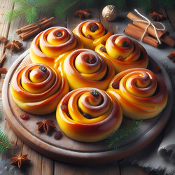 Праздничная композиция из шведских шафрановых булочек (lussekatter), сформированных в традиционные S-образные завитки и украшенных изюмом, на деревянной доске (изображение, созданное с помощью искусственного интеллекта) - yuyu
