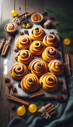 Праздничная композиция из шведских шафрановых булочек (lussekatter), сформированных в традиционные S-образные завитки и украшенных изюмом, на деревянной доске (изображение, созданное с помощью искусственного интеллекта) - yuyu