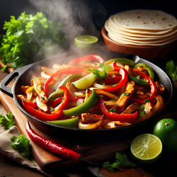 Крупный план шипящей сковороды с фахитас, на которой лежат полоски курицы, болгарский перец, лук и теплые лепешки, а также эффектно поднимающийся пар. Изображение, созданное с помощью искусственного интеллекта - yuyu