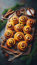 Праздничная композиция из шведских шафрановых булочек (lussekatter), сформированных в традиционные S-образные завитки и украшенных изюмом, на деревянной доске (изображение, созданное с помощью искусственного интеллекта) - yuyu
