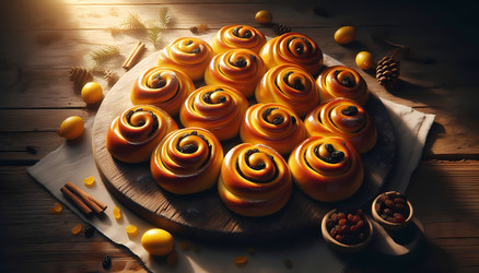 Праздничная композиция из шведских шафрановых булочек (lussekatter), сформированных в традиционные S-образные завитки и украшенных изюмом, на деревянной доске (изображение, созданное с помощью искусственного интеллекта) - yuyu