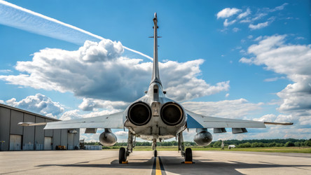 Вид сзади на самолет Jas Gripen на аэродроме под голубым небом. Генеративный искусственный интеллект - RomanZ