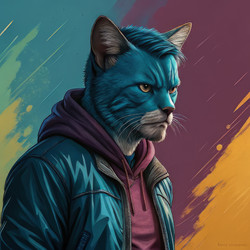 Уникальный персонаж — синий кот в стильном наряде ярких цветов, созданный с помощью генеративного ИИ - RomanZ