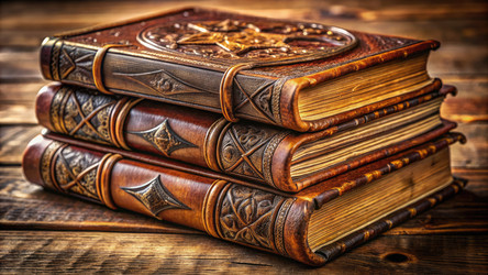 Выставлены винтажные книги в кожаном переплете со сложными узорами. Генеративный искусственный интеллект - RomanZ