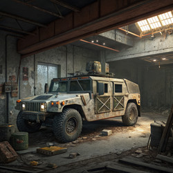 Humvee в гараже в постапокалиптическом стиле. Генеративный ИИ - RomanZ