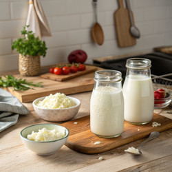 Кефир и кефирные зерна в эстетичной обстановке кухни. Генеративный искусственный интеллект - RomanZ