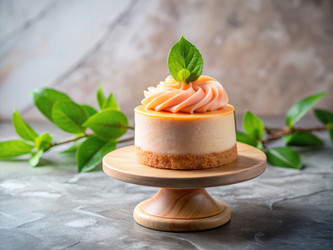 Вкусный маленький тортик, покрытый персиковой глазурью со свежими листьями (генеративный ИИ) - RomanZ