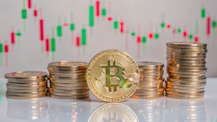 Блестящие золотые биткоин-монеты, сложенные на отражающей поверхности (генеративный ИИ) - RomanZ