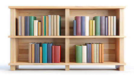 Деревянная книжная полка, заполненная разноцветными книгами, сложенными стопками. Генеративный ИИ - RomanZ