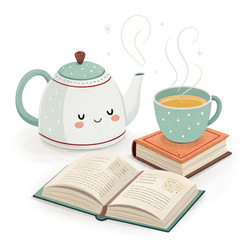 Симпатичный чайник и чашка чая с книгами на белом фоне. Генеративный ИИ - RomanZ