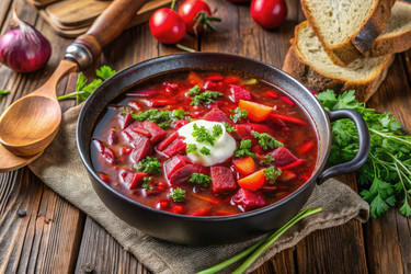 Вкусный борщ, подаваемый в черной кастрюле из свежих ингредиентов. Генеративный искусственный интеллект - RomanZ