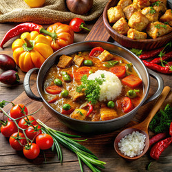 Вкусная приготовленная еда из свежих ингредиентов и ярких цветов. Генеративный ИИ - RomanZ