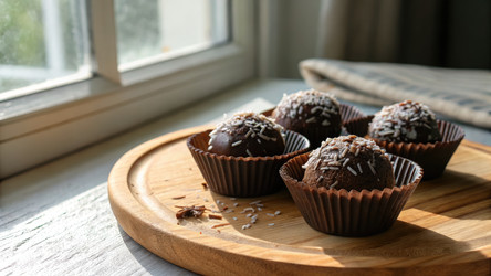 Вкусные шоколадные бригадейро на деревянном блюде при солнечном свете (генеративный ИИ) - RomanZ