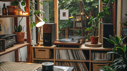 Уголок с вращающейся платформой, растениями и теплым освещением в уютном пространстве. Генеративный ИИ - RomanZ