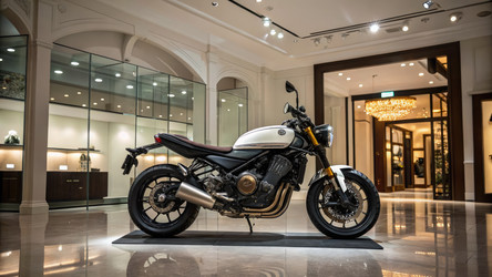 Мотоцикл Yamaha элегантно представлен в современном выставочном зале с использованием генеративного искусственного интеллекта - RomanZ