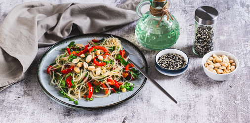 Вкусный салат из стеклянной лапши, жареного болгарского перца, кинзы и орехов на тарелке на столе (веб-баннер) - Elena Rui