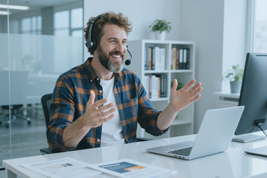 Мужчина средних лет в наушниках ведет онлайн-деловую встречу - Pressmaster