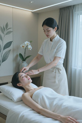 Азиатка получает массаж лица во время спа-процедуры wellness - DragonImagesAsia