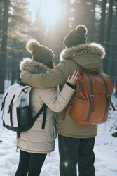 Взрослая пара отправляется в поход по зимнему лесу в рамках кампании travel lifestyle - SeventyFour