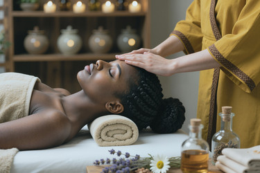 Чернокожая женщина получает массаж лица во время спа-процедуры wellness - DragonImagesAsia