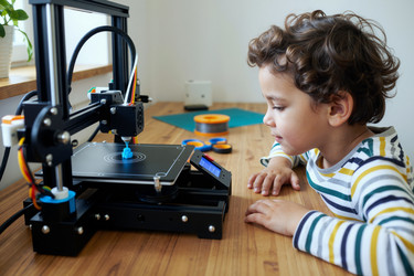 Мальчик наблюдает за тем, как 3d-принтер создает модель для обучения stem - AnnaStills
