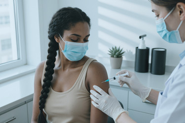 Чернокожая женщина, получающая инъекцию вакцины во время приема у врача - AnnaStills