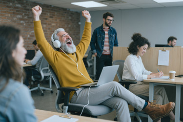Высокопоставленный мужчина празднует успех, работая в креативном офисе - Pressmaster