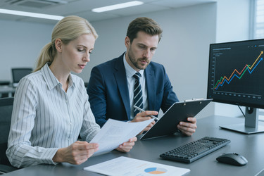 Бизнесмен и деловая женщина просматривают финансовый отчет - Pressmaster