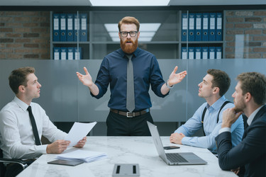 Взрослый бизнесмен, ведущий встречу команды в корпоративном офисе - Pressmaster