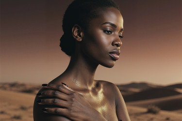 Взрослая чернокожая женщина позирует в пустыне для бренда luxury beauty - DragonImagesAsia