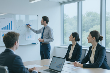 Команда отдела продаж анализирует рост продаж во время презентации в офисе. - Pressmaster