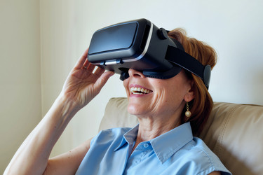Улыбающаяся женщина средних лет, носящая Vr-гарнитуру для цифровых развлечений - Pressmaster