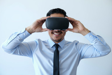Улыбающийся бизнесмен в Vr-гарнитуре для корпоративного тренинга - Pressmaster