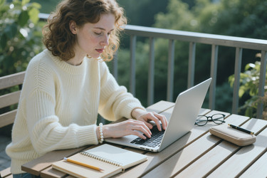 Женщина, работающая за ноутбуком на открытом воздухе на балконе в концепции удаленной работы - DragonImagesAsia