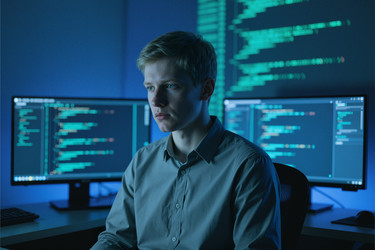 Сосредоточенный человек, программирующий программное обеспечение в темном офисе с несколькими экранами - DragonImagesAsia