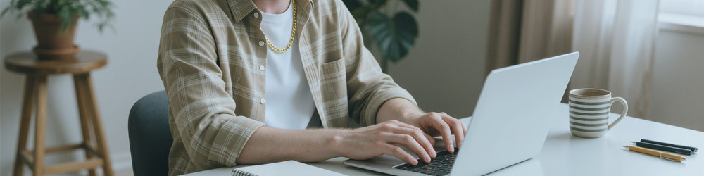 Мужчина печатает на клавиатуре ноутбука, работая в домашнем офисе - DragonImagesAsia