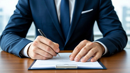 Профессиональный бизнесмен подписывает договорный документ за офисным столом. Деловой мужчина пишет ручкой, подписывает документ в офисе - Sveetlana