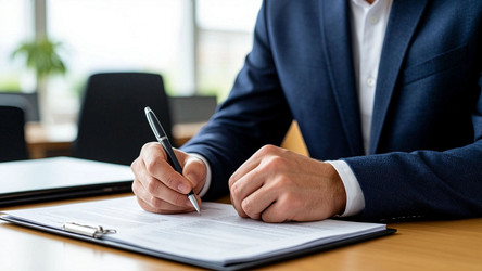 Профессиональный бизнесмен подписывает договорный документ за офисным столом. Деловой мужчина пишет ручкой, подписывает документ в офисе - Sveetlana