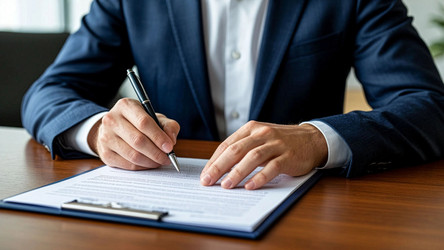 Профессиональный бизнесмен подписывает договорный документ за офисным столом. Деловой мужчина пишет ручкой, подписывает документ в офисе - Sveetlana