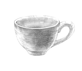 Рисунок кофейной чашки карандашом. Изолированный элемент: кружка, нарисованная от руки графитом - mev