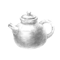 Эскиз керамического чайника, выполненный карандашом. Изолированная монохромная иллюстрация чайника, нарисованная от руки, на изолированном фоне - mev