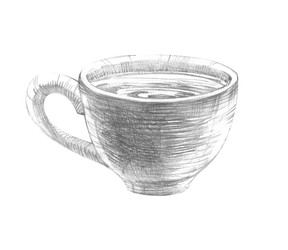 Эскиз керамической чайной чашки карандашом. Изолированное монохромное изображение чашки с напитком, выполненное от руки. Подходит для меню кафе, упаковки чая и винтажного дизайна завтраков - mev