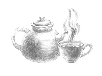 Уютная чайная композиция, нарисованная карандашом. Изолированная монохромная иллюстрация чайника и дымящейся чашки, выполненная от руки. Подходит для меню кафе, упаковки напитков и винтажного дизайна завтраков - mev